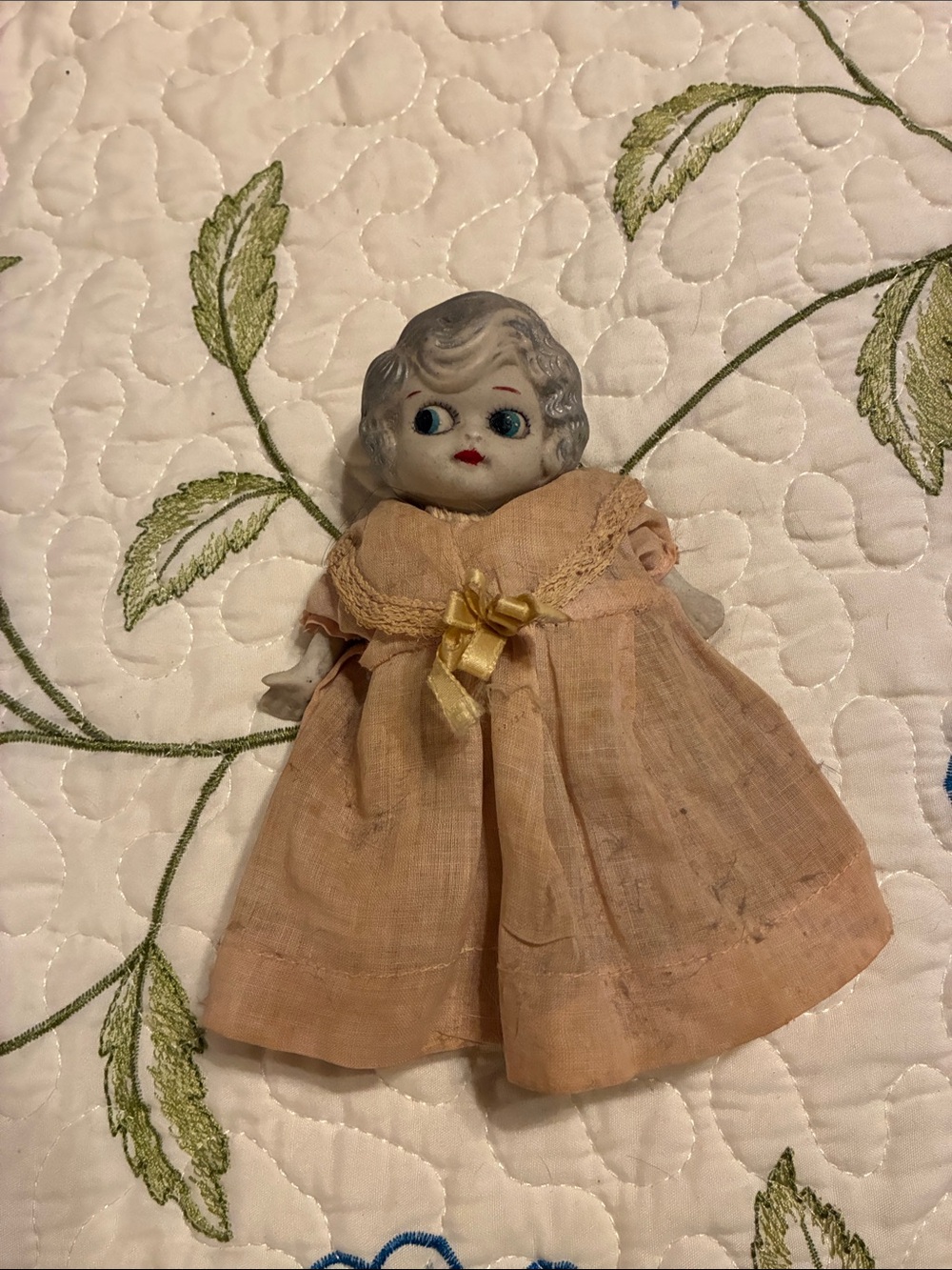 Vintage Pink and Yellow Bisque Head Doll
